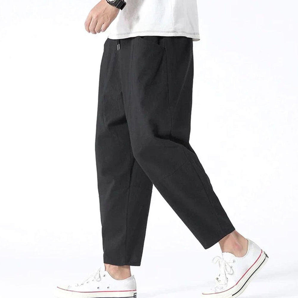 Men's Wide-Leg Drawstring Casual Tapered Trousers - Black