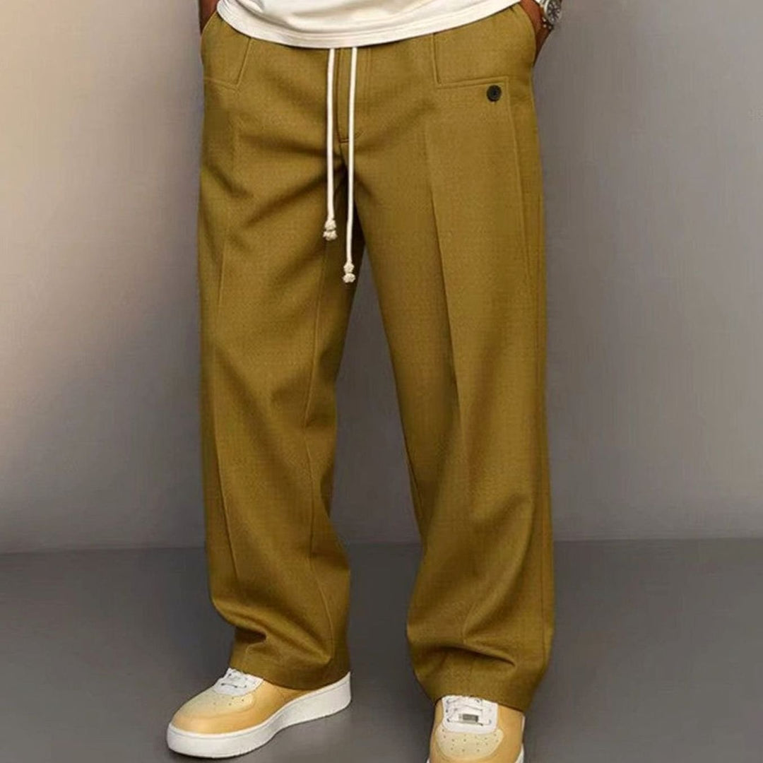 Men's Wide-Leg Drawstring Tailored Trousers - Khaki