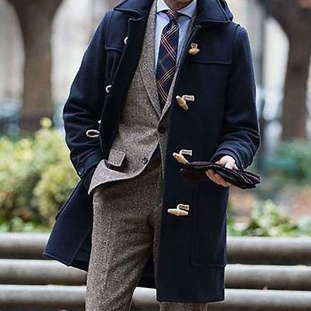 Men's Wool Hooded Toggle-Closure Long Overcoat - Dark Blue