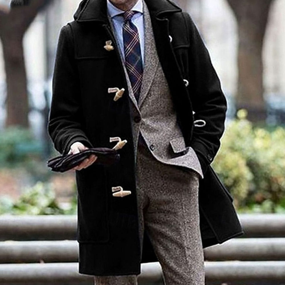 Men's Wool Hooded Toggle-Closure Long Overcoat - Black