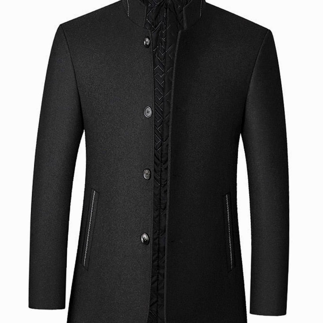 Men's Wool Stand-Collar Single-Breasted Tailored Overcoat - Black