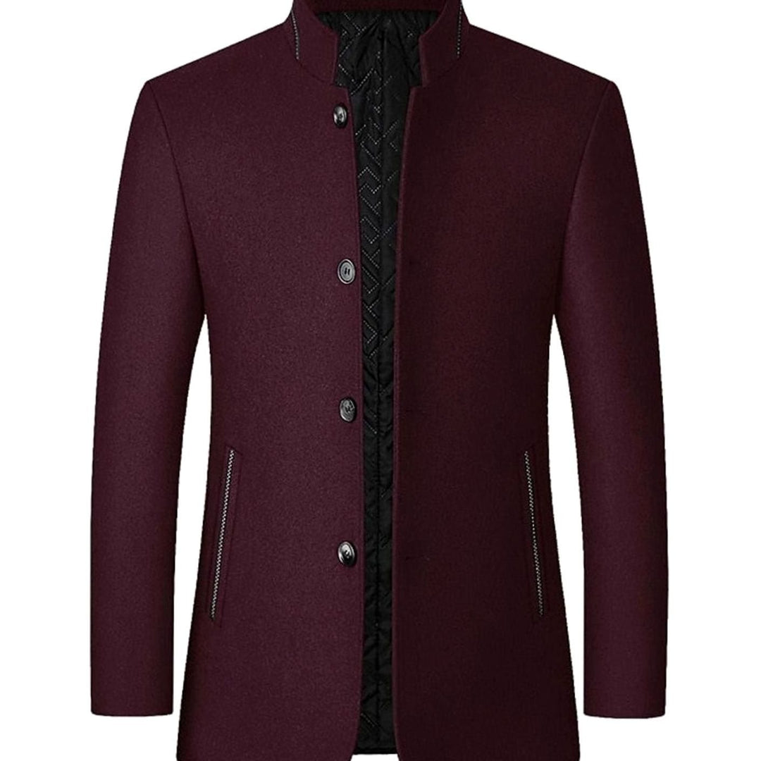 Men's Wool Stand-Collar Single-Breasted Tailored Overcoat - Wine