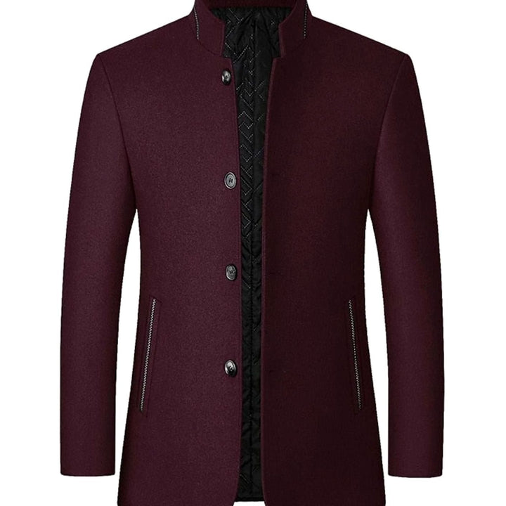 Men's Wool Stand-Collar Single-Breasted Tailored Overcoat - Wine