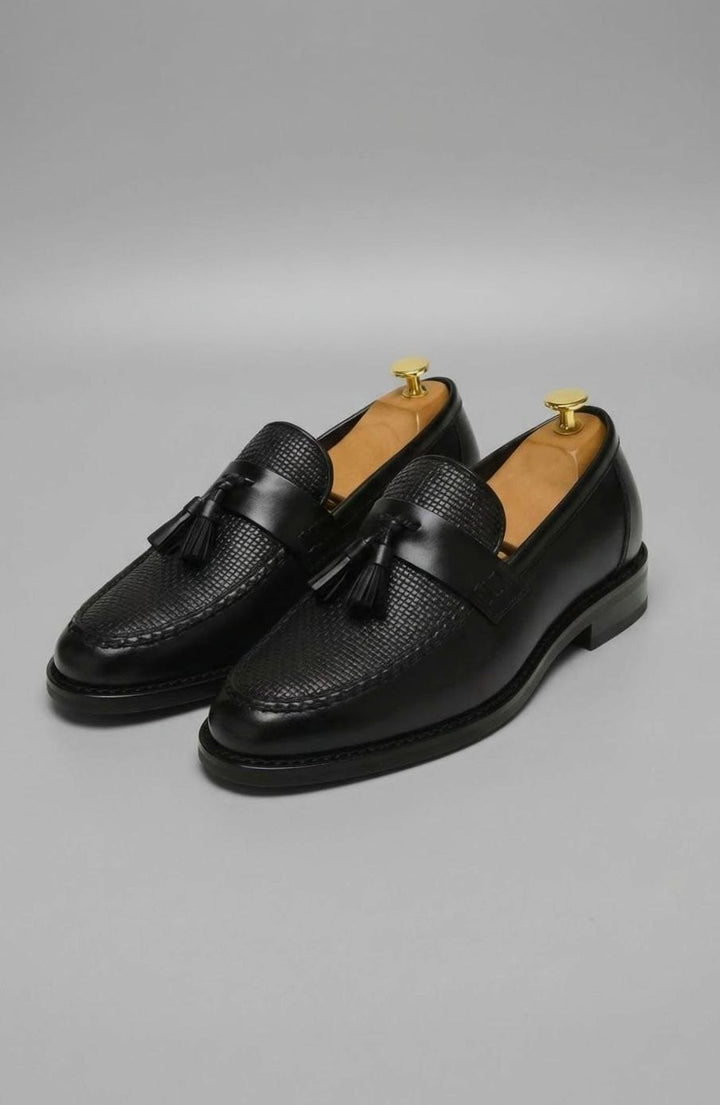 Men's Woven Tassel Slip-On Leather Loafers, Black - Black