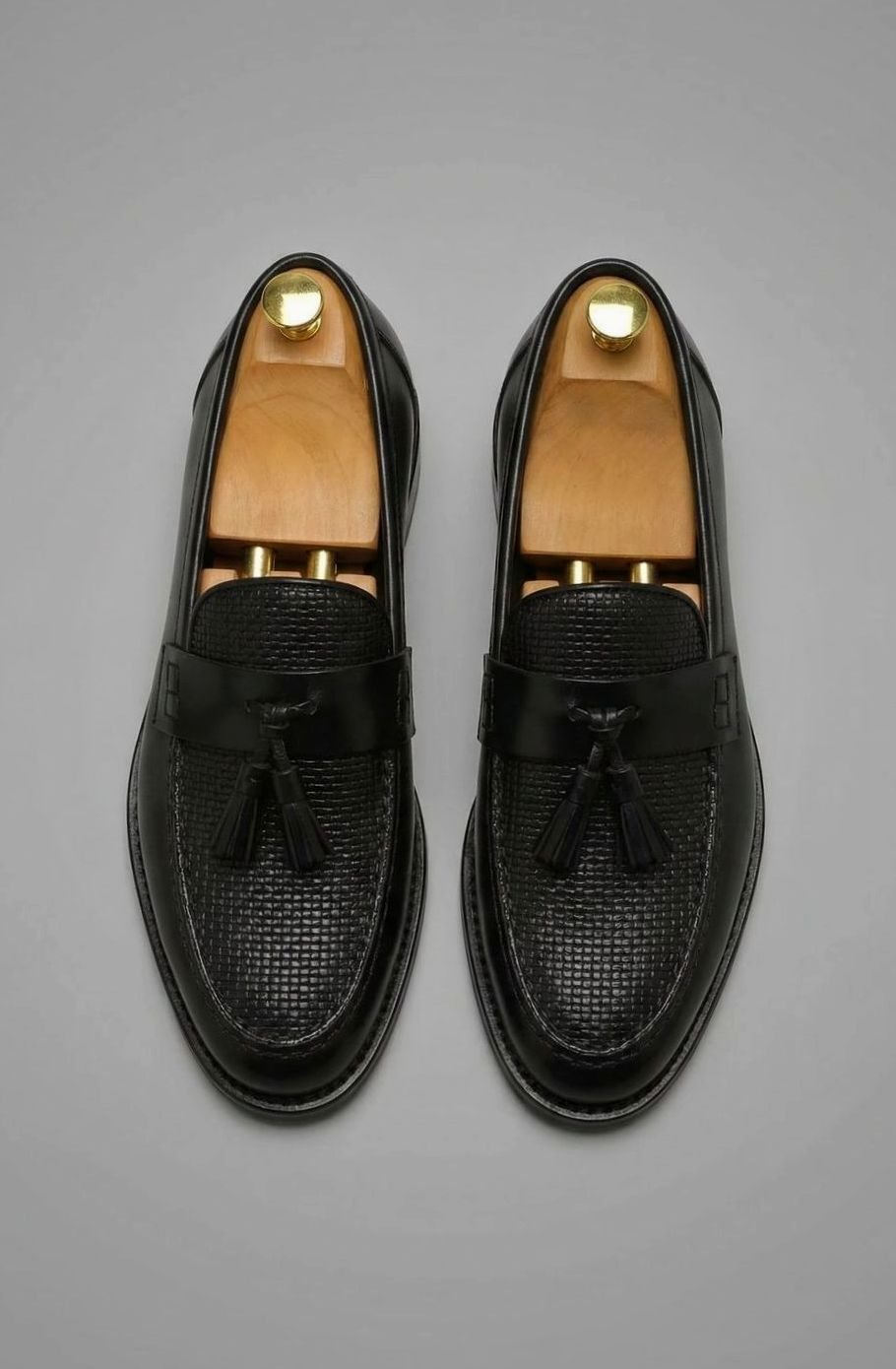 Men's Woven Tassel Slip-On Leather Loafers, Black