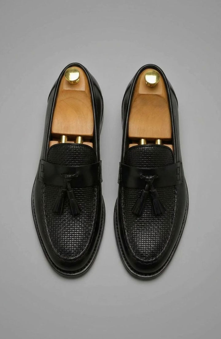 Men's Woven Tassel Slip-On Leather Loafers, Black