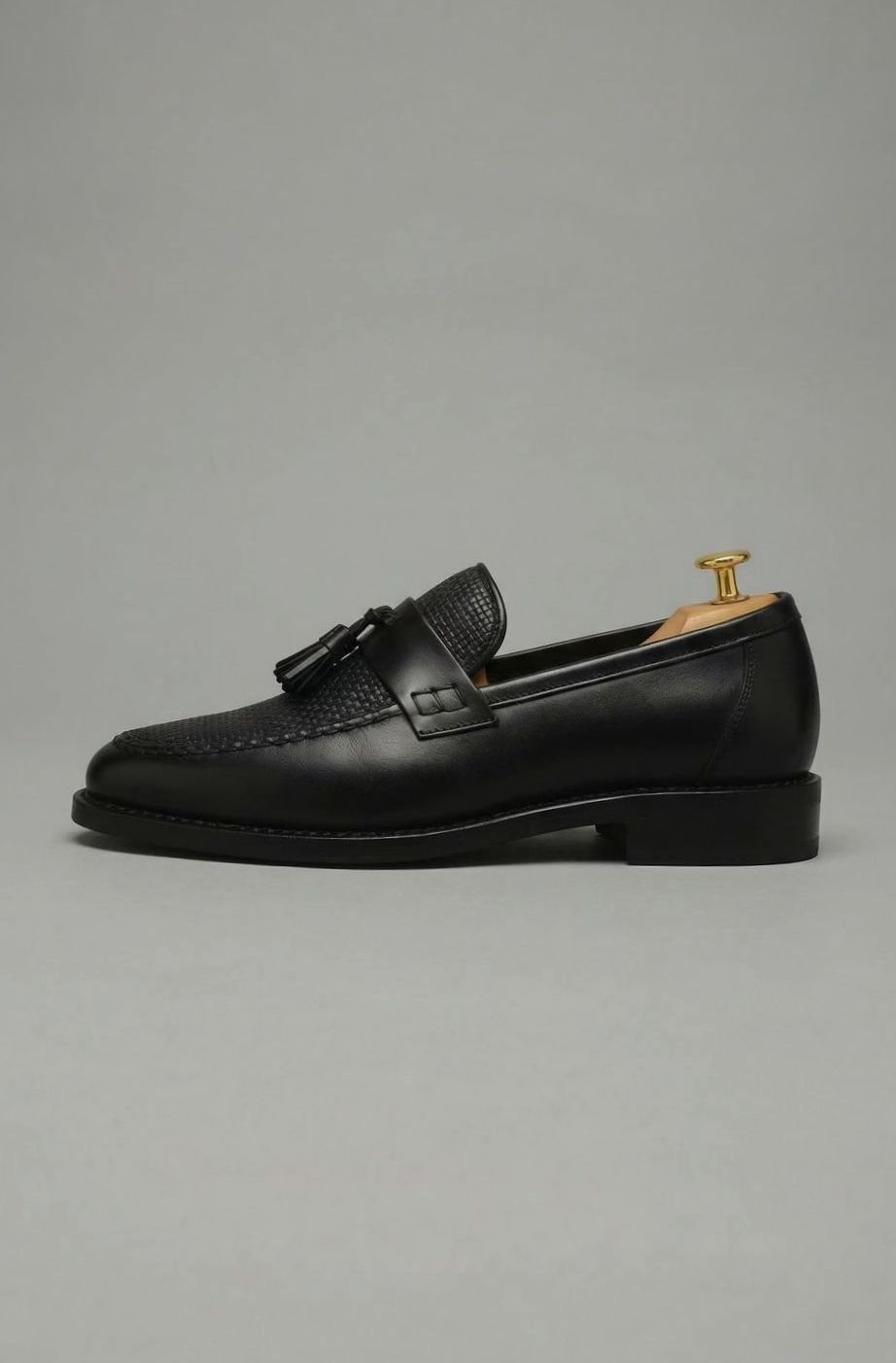 Men's Woven Tassel Slip-On Leather Loafers, Black