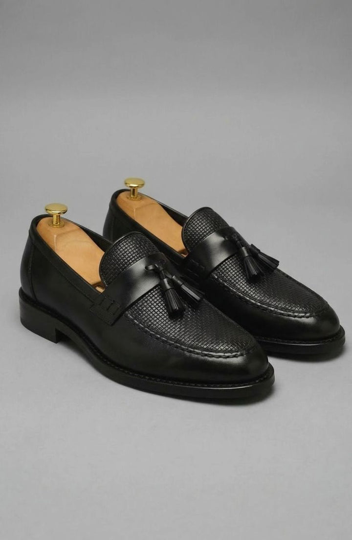 Men's Woven Tassel Slip-On Leather Loafers, Black