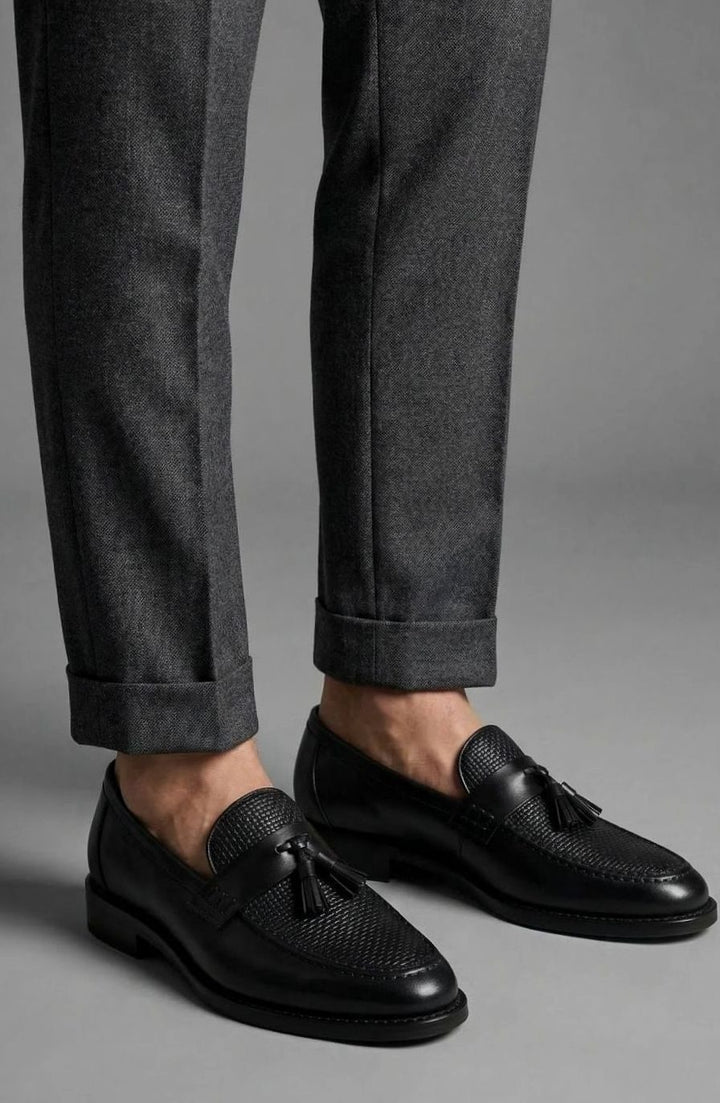 Men's Woven Tassel Slip-On Leather Loafers, Black