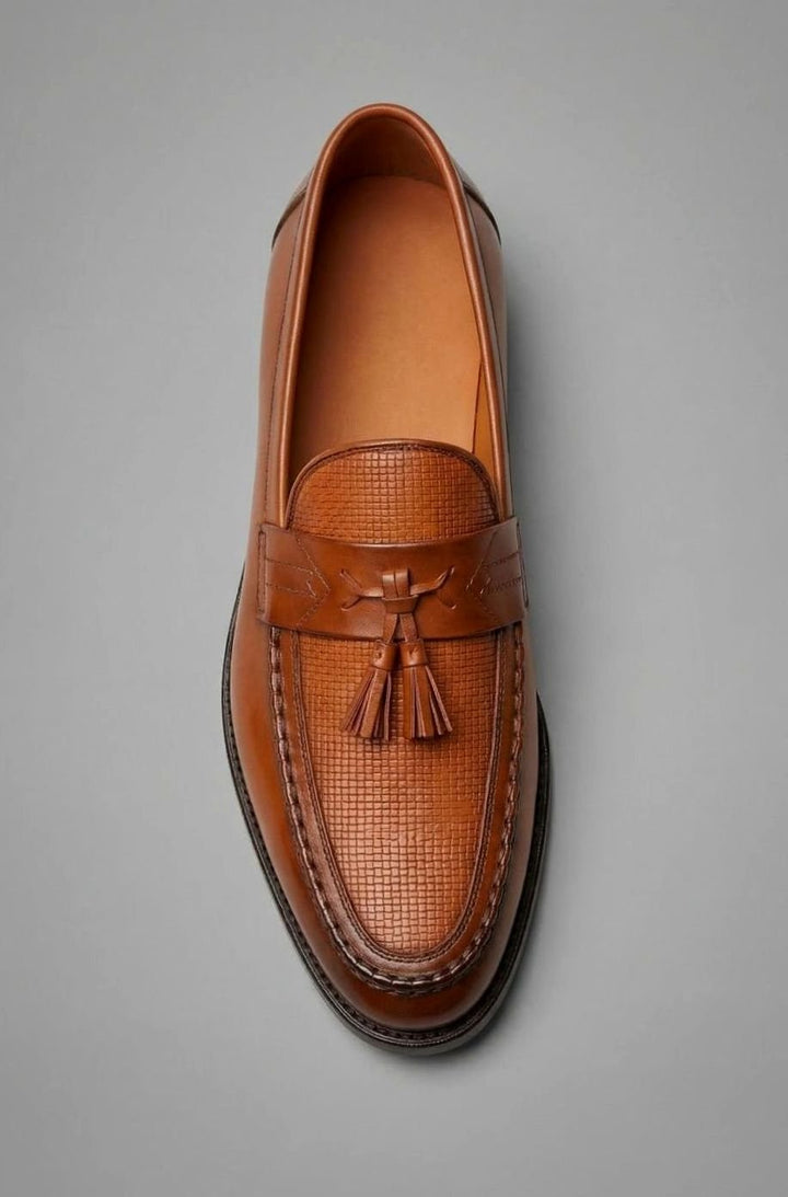 Men's Woven Tassel Slip-On Leather Loafers, Black