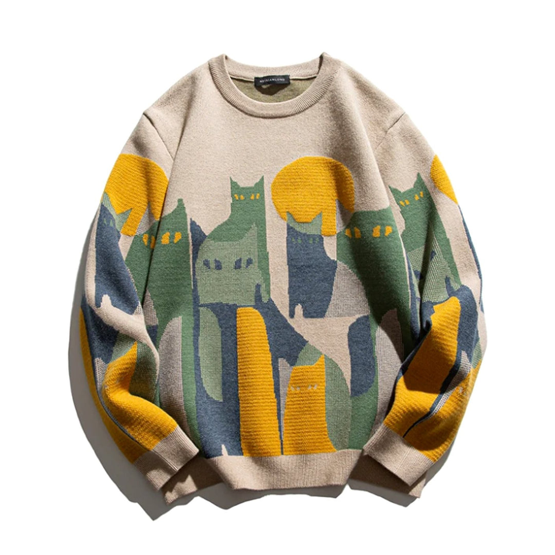 Unisex Cat Print Crew-Neck Knitted Jumper - Beige