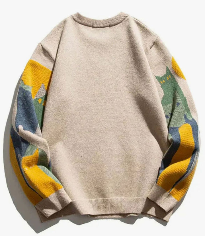 Unisex Cat Print Crew-Neck Knitted Jumper