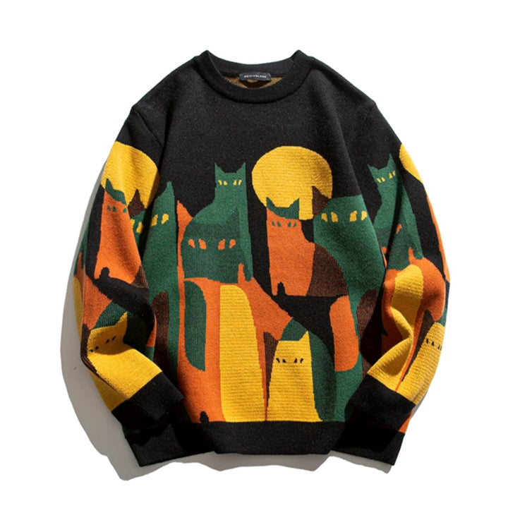 Unisex Cat Print Crew-Neck Knitted Jumper - Black