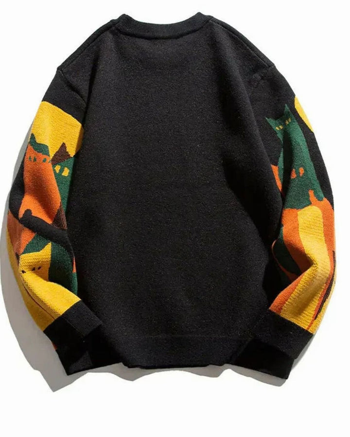 Unisex Cat Print Crew-Neck Knitted Jumper