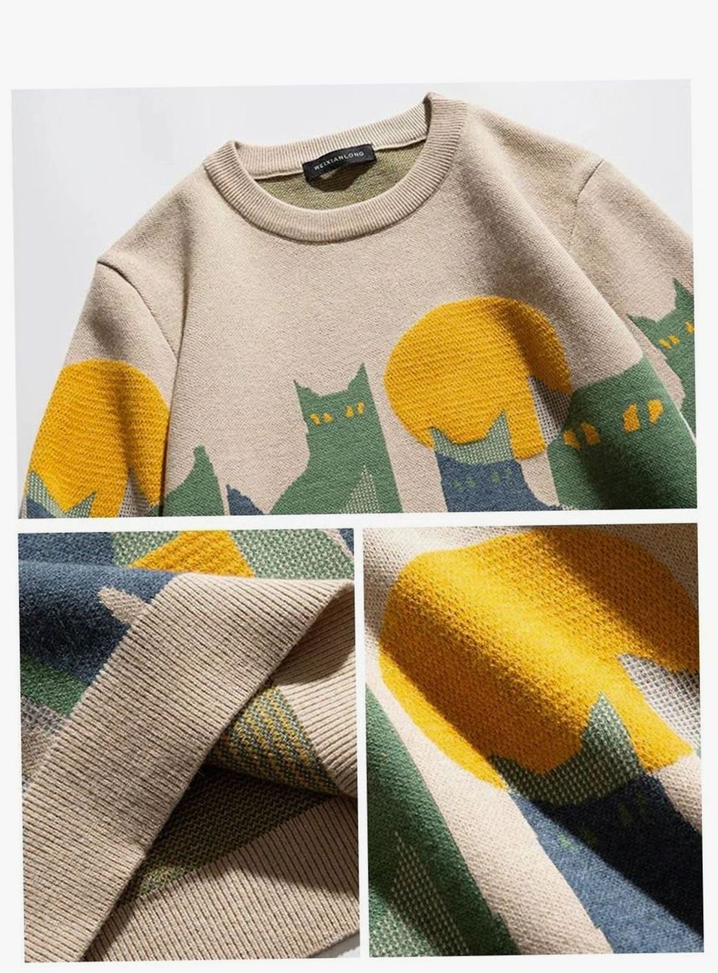 Unisex Cat Print Crew-Neck Knitted Jumper