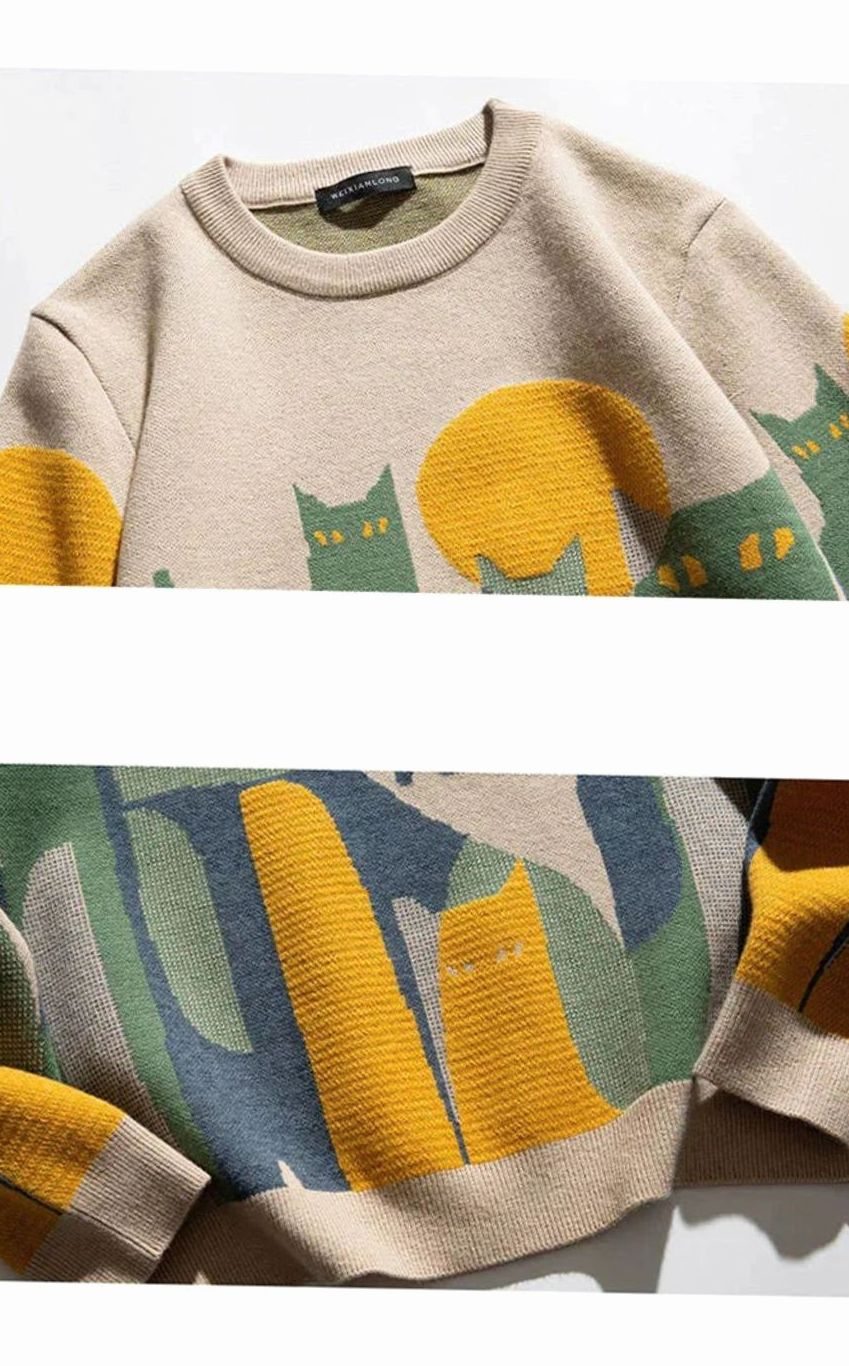 Unisex Cat Print Crew-Neck Knitted Jumper