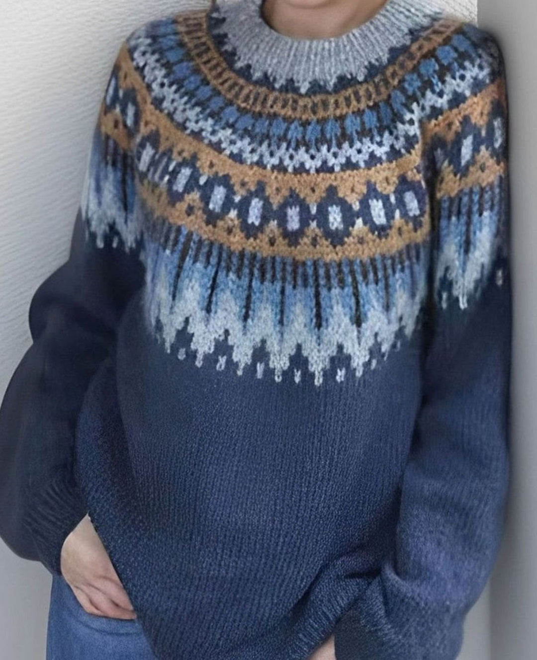 Unisex Fair Isle Icelandic Knitted Jumper Crew Neck Pullover - Blue