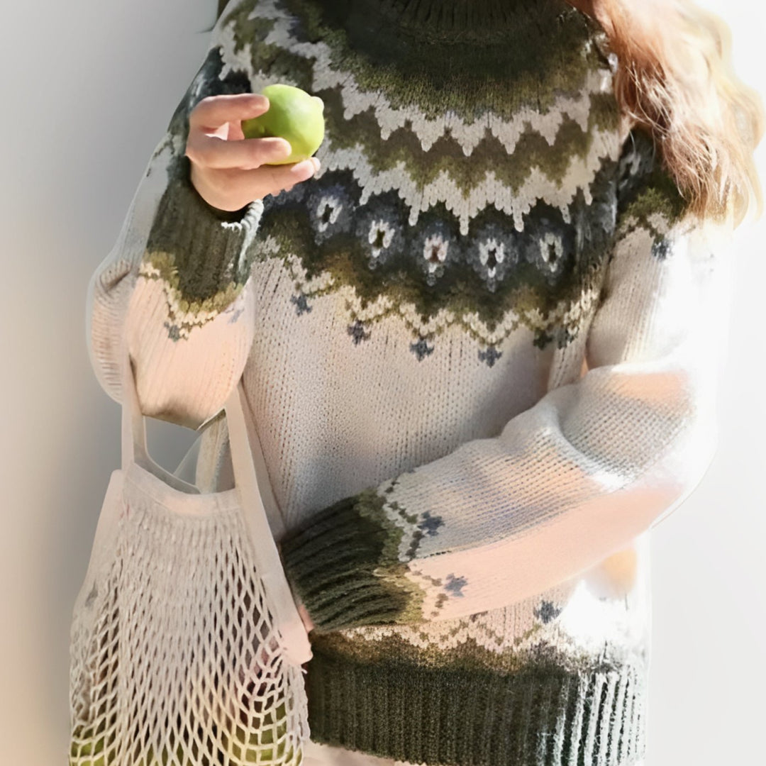 Unisex Fair Isle Icelandic Knitted Jumper Crew Neck Pullover - Green