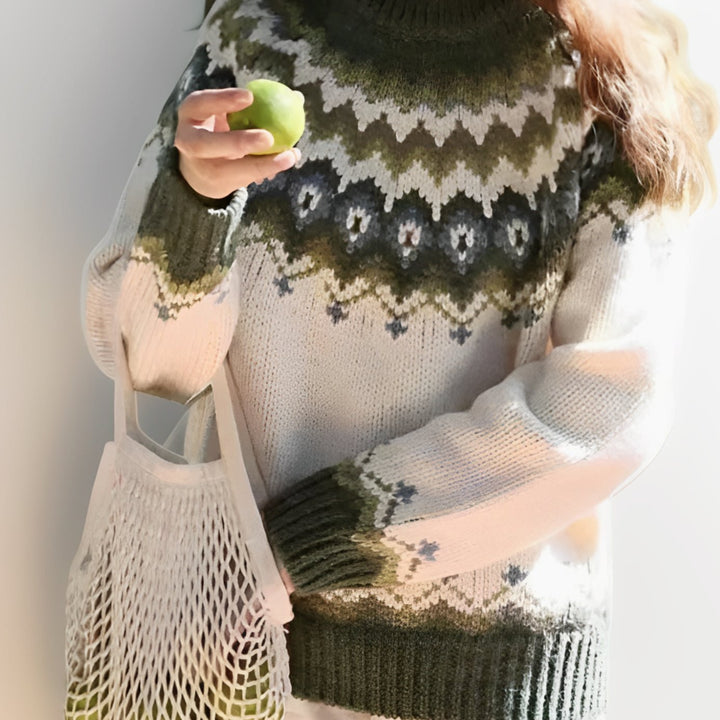 Unisex Fair Isle Knitted Jumper Icelandic Yoke Pullover - Green