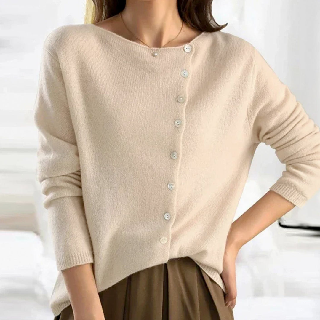 Women's Asymmetric Button-Front Knitted Jumper - Beige