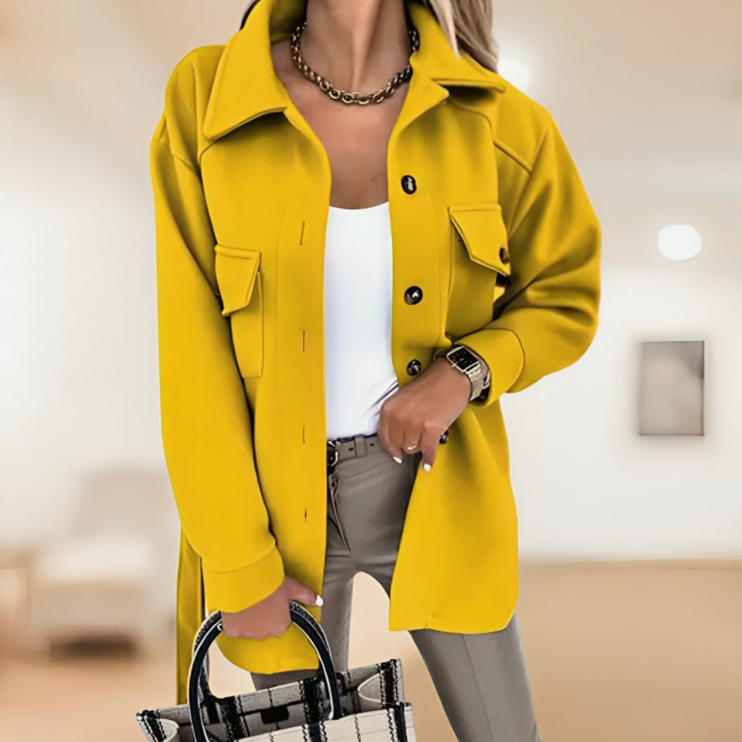 Women's Belted Button-Up Shacket Coat Collared Outerwear - Yellow