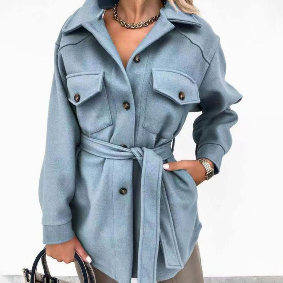 Women's Belted Button-Up Shacket Coat Lapel Collar, Sky Blue - Blue