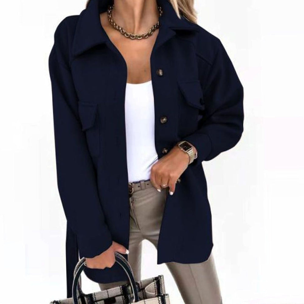 Women's Belted Button-Up Shacket Coat Lapel Collar, Sky Blue - Black