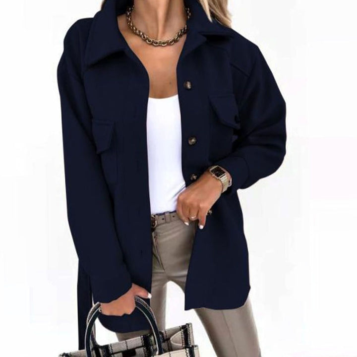 Women's Belted Button-Up Shacket Coat Lapel Collar, Sky Blue - Black