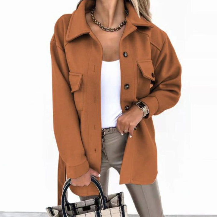 Women's Belted Button-Up Shacket Coat Lapel Collar, Sky Blue - Khaki
