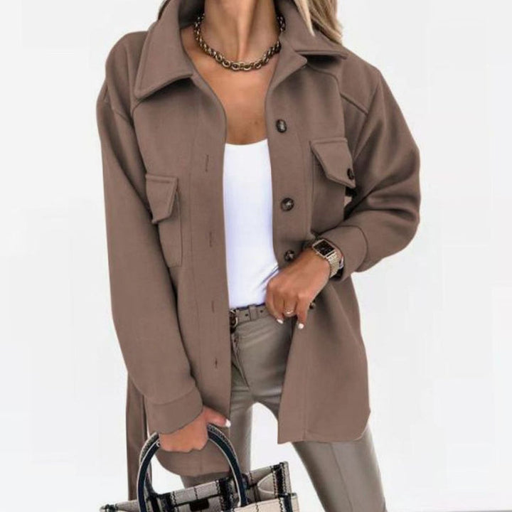Women's Belted Button-Up Shacket Coat Lapel Collar, Sky Blue - Brown
