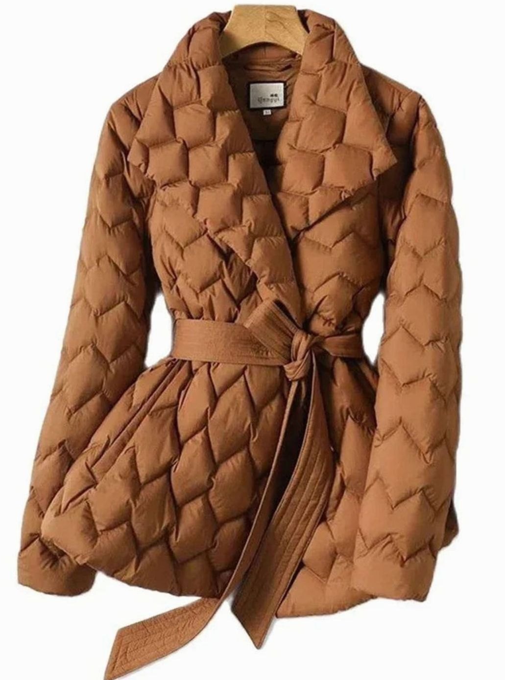 Women's Belted Diamond-Quilt Down Puffer Jacket - Caramel