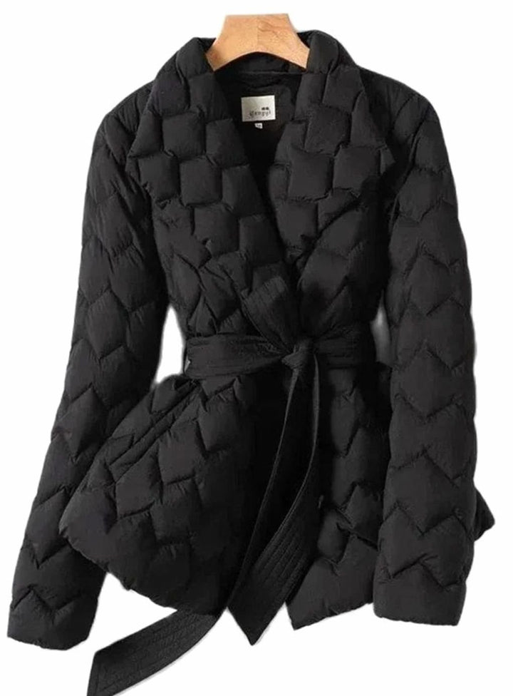Women's Belted Diamond-Quilt Down Puffer Jacket - Black