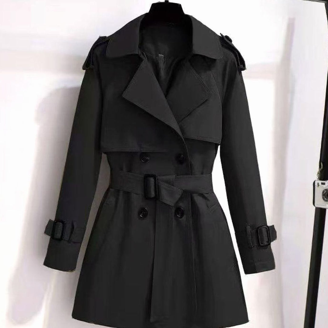 Women's Belted Double-Breasted Trench Coat Adjustable Cuff - Black
