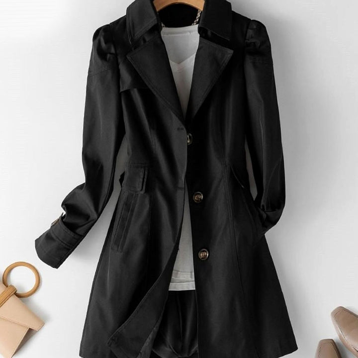 Women's Belted Double-Breasted Trench Coat Stand Collar, Beige - Black