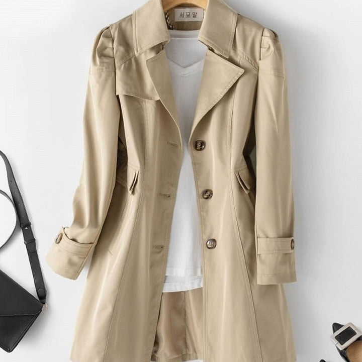 Women's Belted Double-Breasted Trench Coat Stand Collar, Beige - Khaki