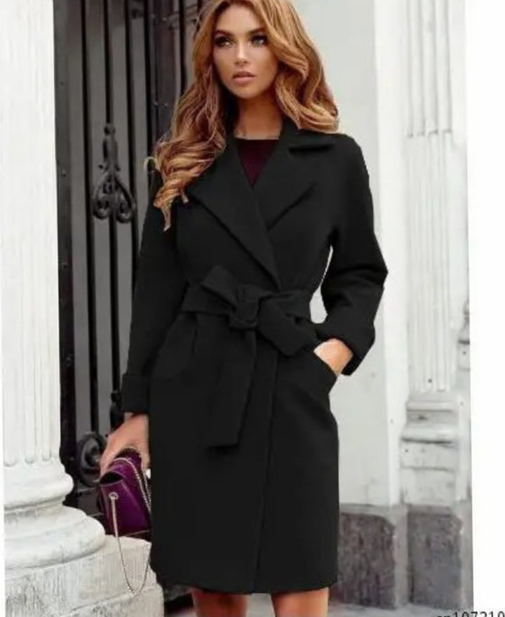 Women's Belted Lapel-Collar Knee-Length Trench Coat