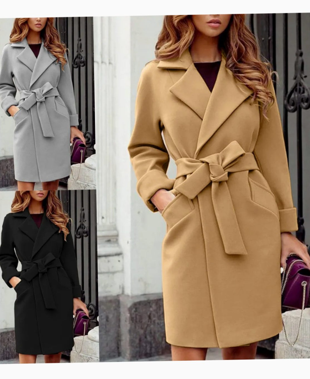 Women's Belted Lapel-Collar Knee-Length Trench Coat