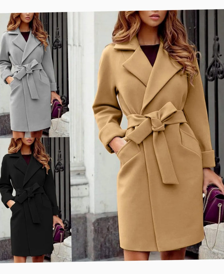 Women's Belted Lapel-Collar Knee-Length Trench Coat