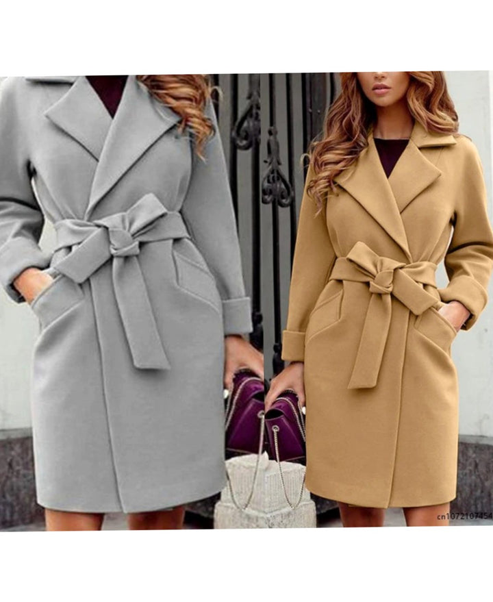 Women's Belted Lapel-Collar Knee-Length Trench Coat