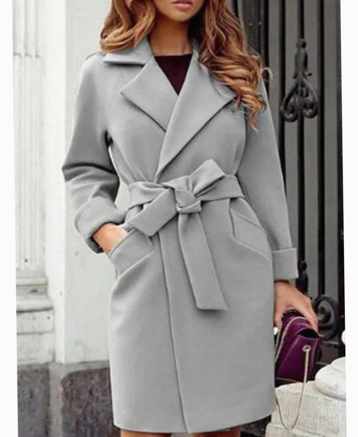 Women's Belted Lapel-Collar Knee-Length Trench Coat - Grey