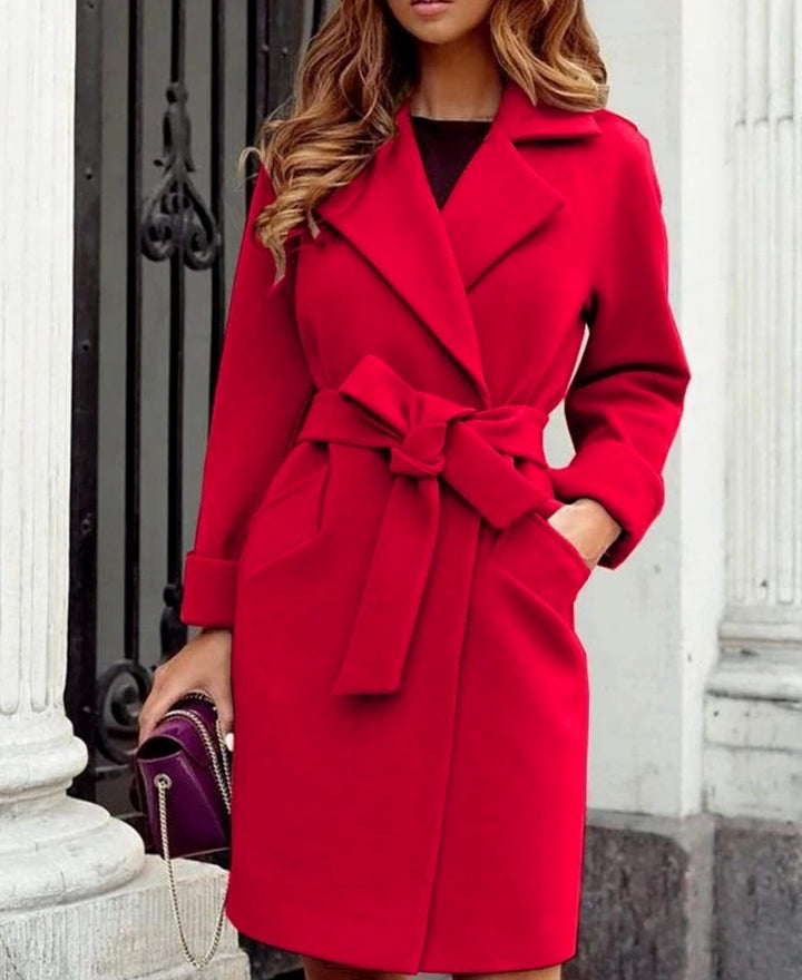 Women's Belted Lapel-Collar Knee-Length Trench Coat - Red