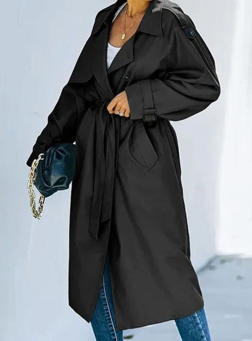 Women's Belted Lapel Long Windproof Trench Coat - Black