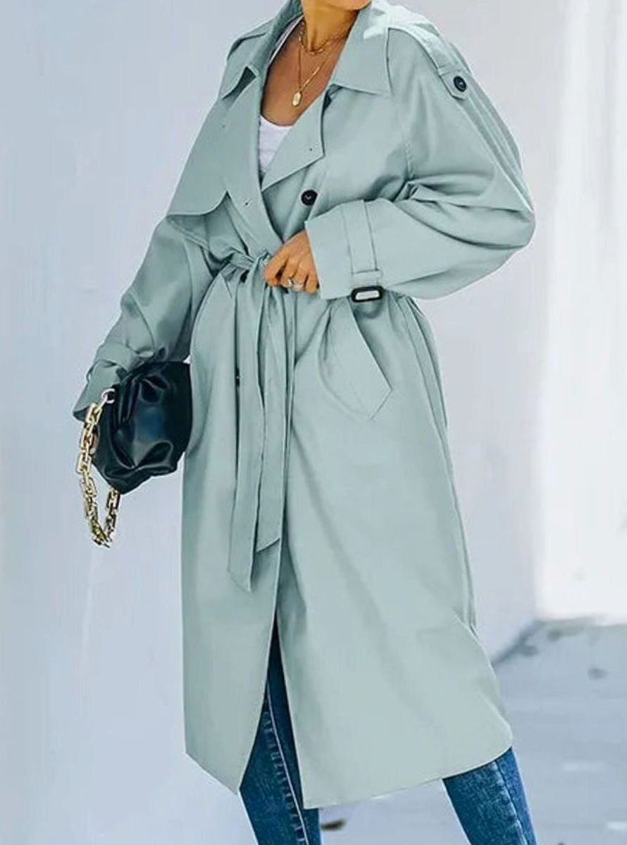 Women's Belted Lapel Long Windproof Trench Coat - Blue