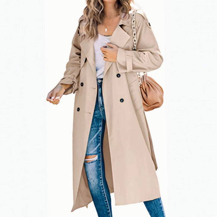 Women's Belted Lapel Long Windproof Trench Coat - Khaki