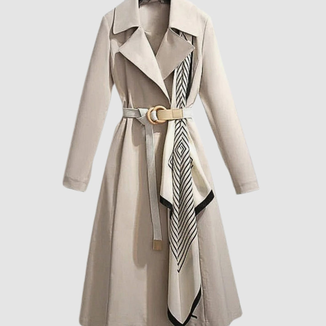 Women's Belted Long-Line Scarf-Detail Trench Coat - Beige