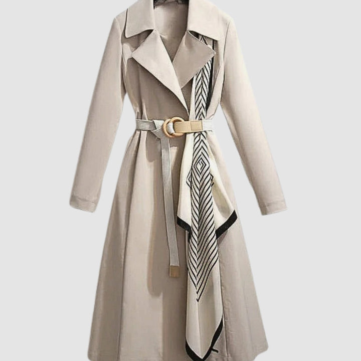 Women's Belted Long-Line Scarf-Detail Trench Coat - Beige