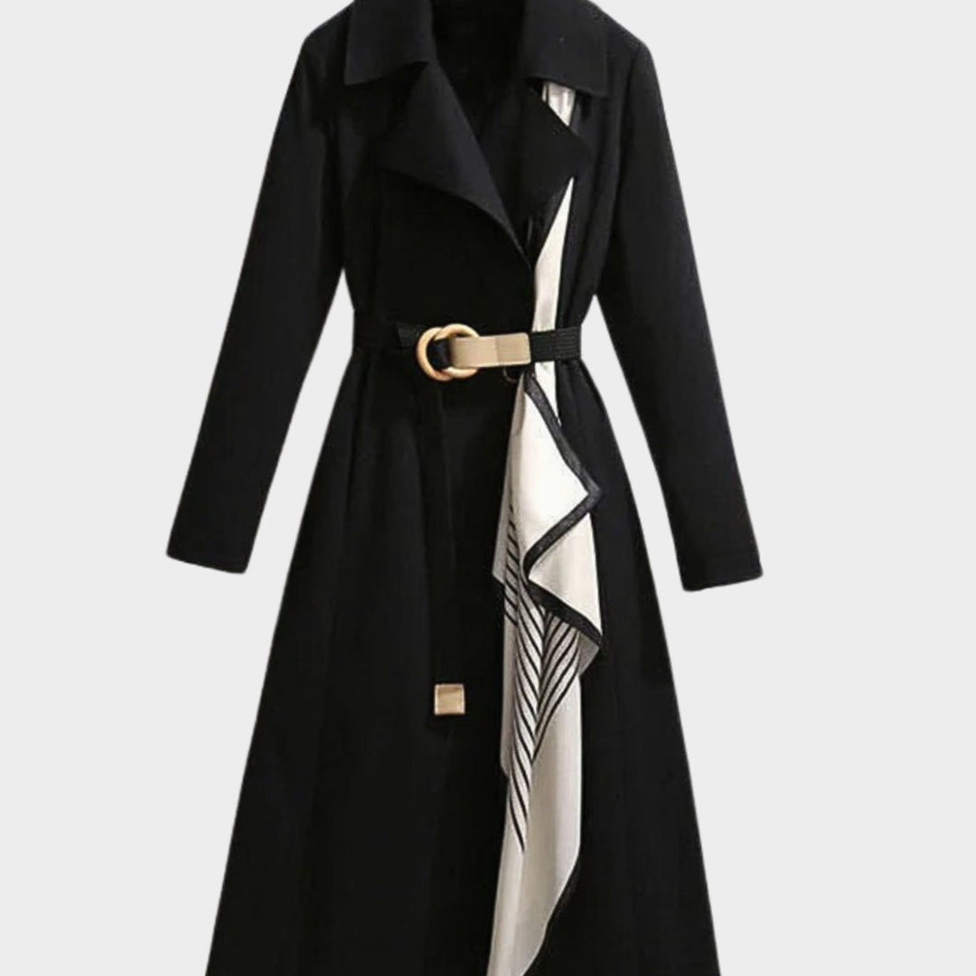 Women's Belted Long-Line Scarf-Detail Trench Coat - Black