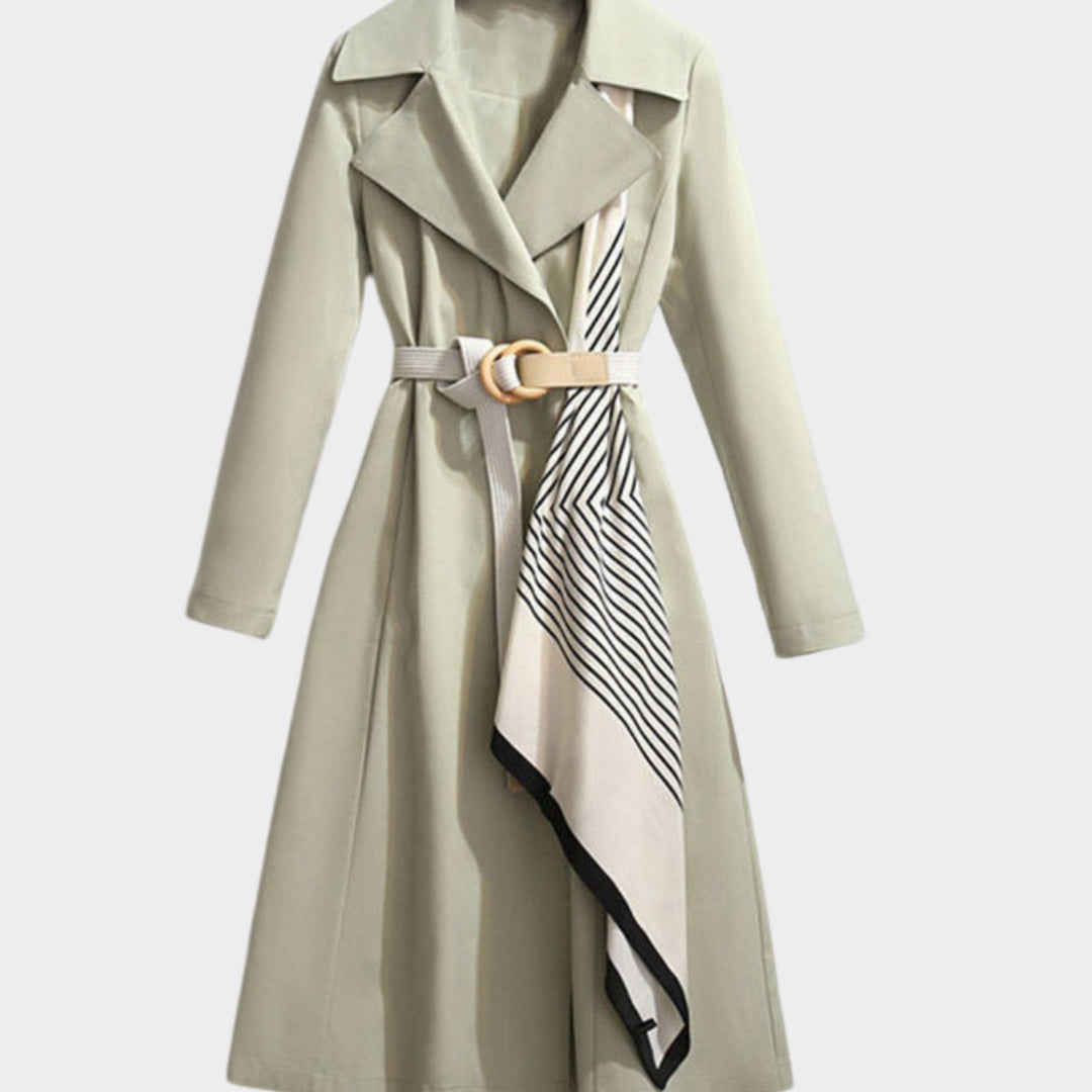 Women's Belted Long-Line Scarf-Detail Trench Coat - Green
