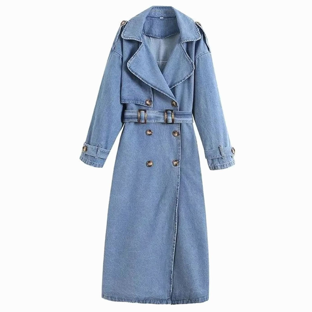 Women's Belted Longline Denim Trench Coat - Denim