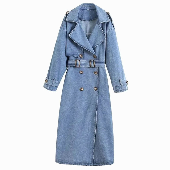 Women's Belted Longline Denim Trench Coat - Denim